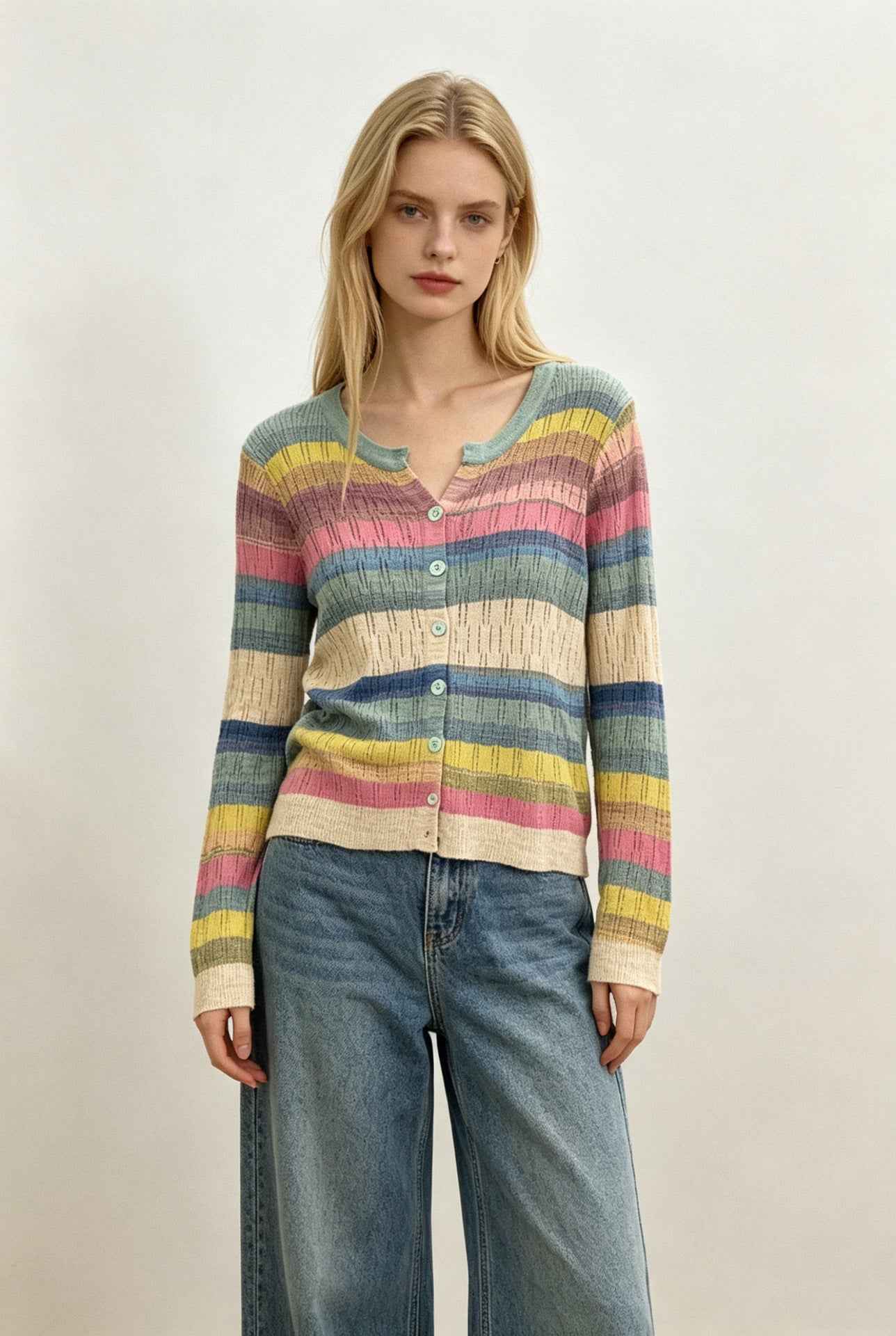 Womens Hollow-Out Color-Block Striped V-Neck Knitted Cardigan Top
