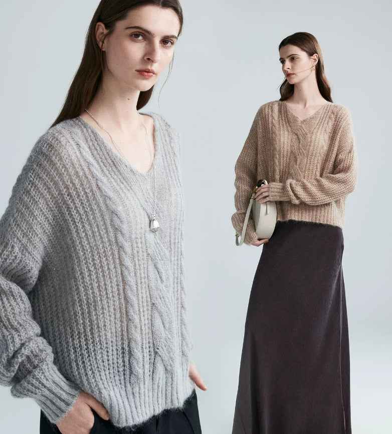 Mohair V-neck Cable Knit Sweater