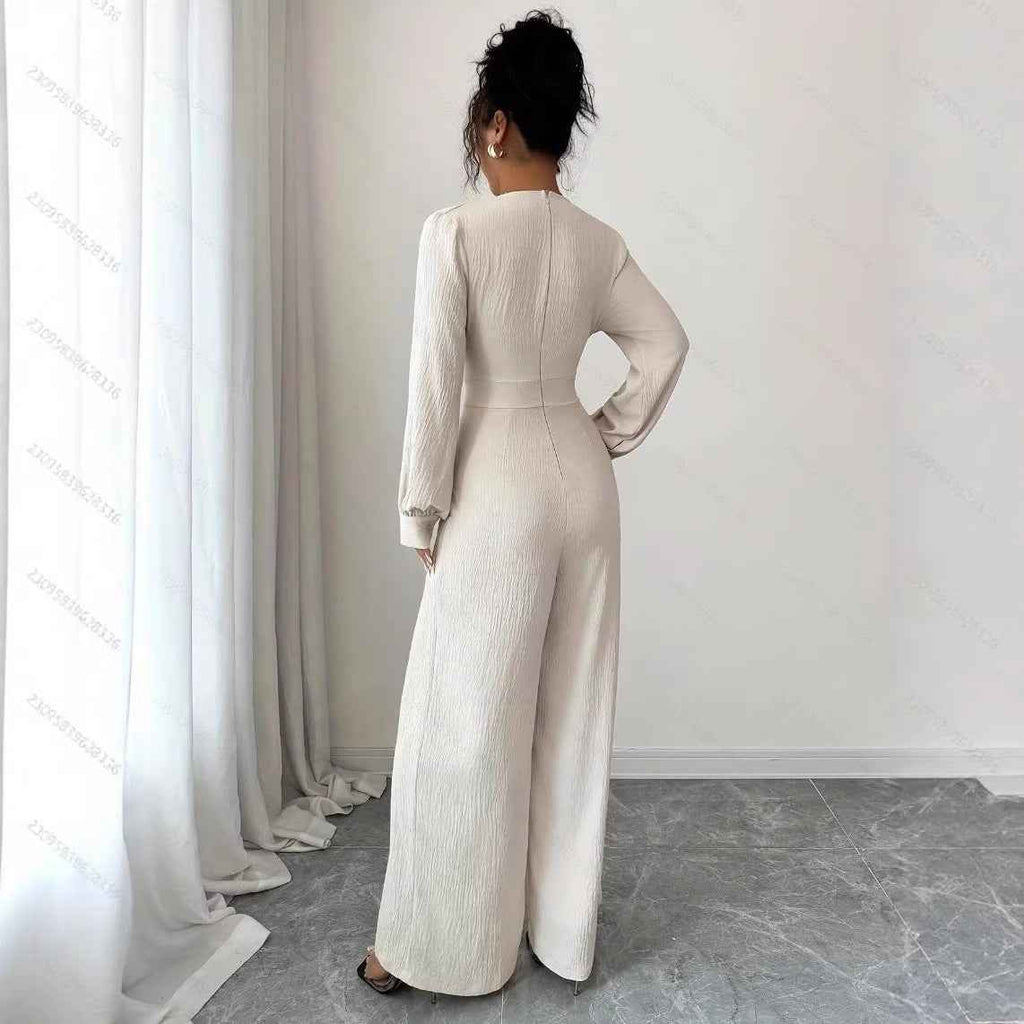 Womens Solid-Color Elegant Off-the-Shoulder Long-Sleeve Jumpsuit For The Office