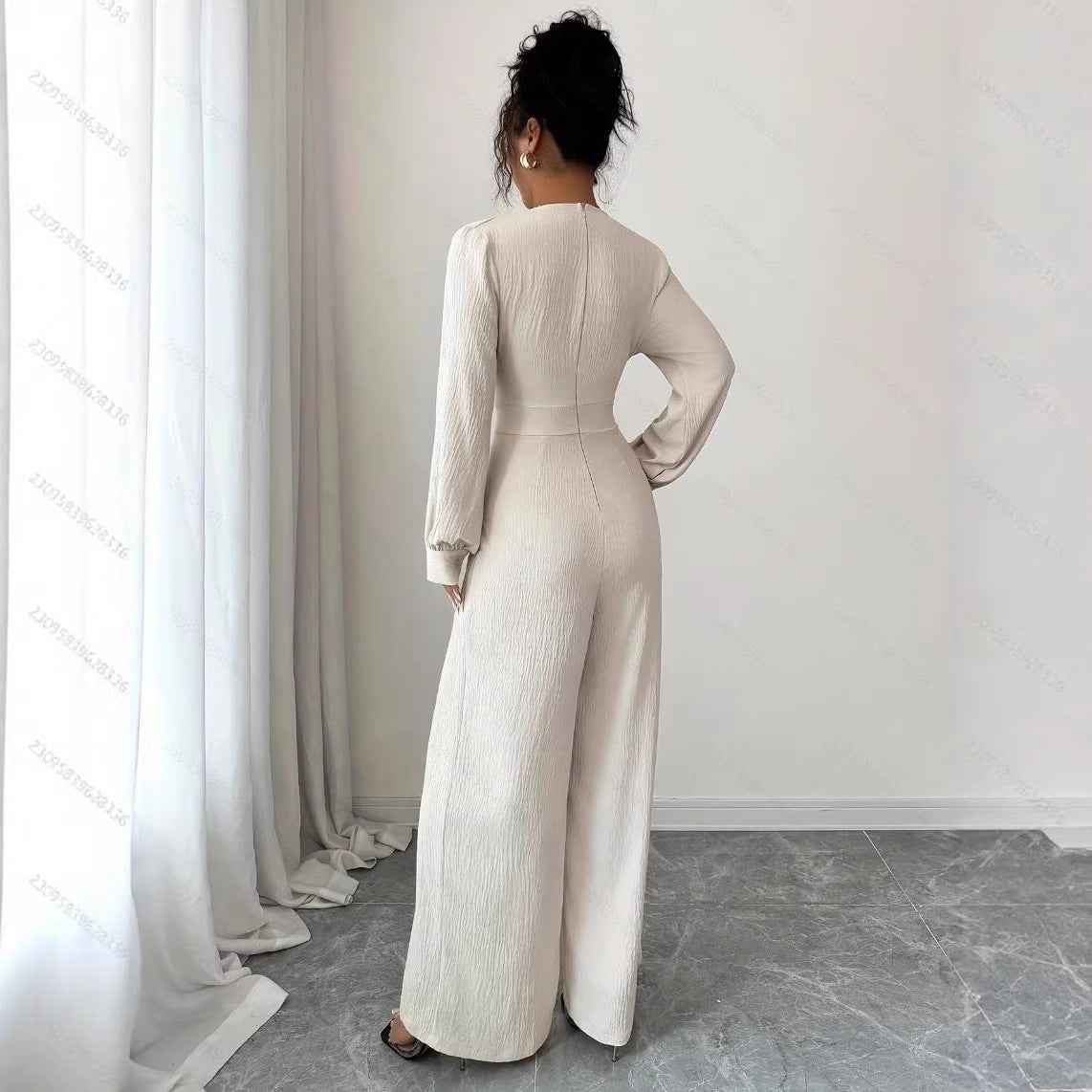 Womens Solid-Color Elegant Off-the-Shoulder Long-Sleeve Jumpsuit For The Office