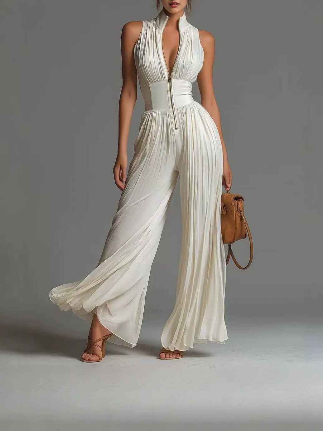Womens Floral Print Chiffon Halterneck Pleated Jumpsuit With Side Slit And Bodycon Fit