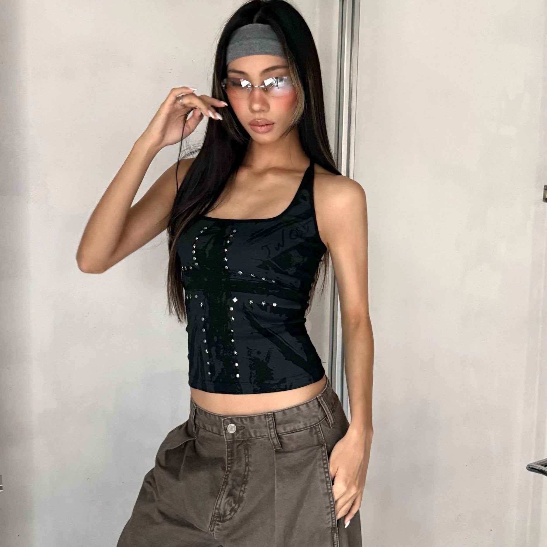 Cross-printed Studded Halter Vest Figure-hugging Sexy Sleeveless Top