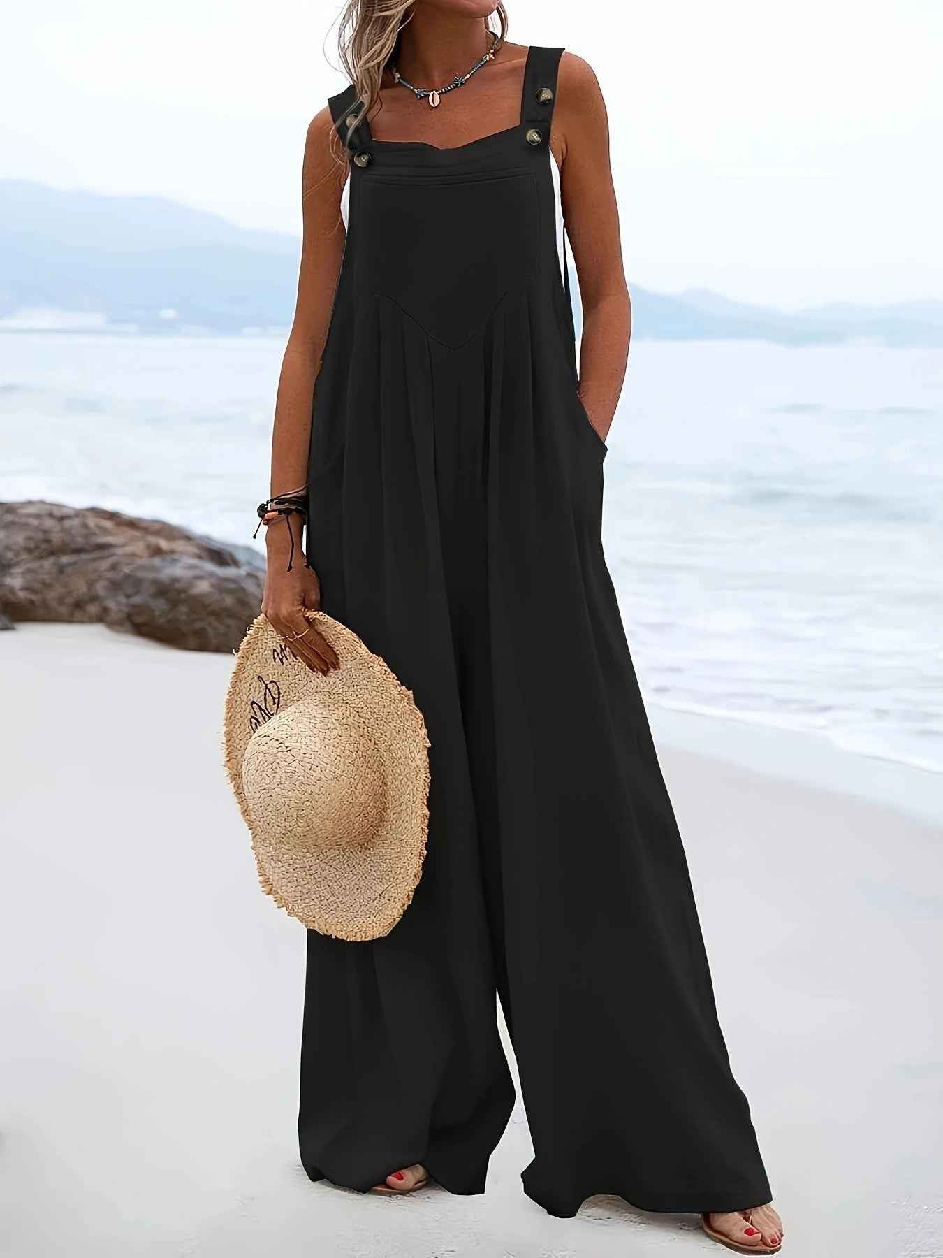 2026 New European American Women's Wide Leg Overalls Adjustable Button Straps Sleeveless Loose Casual Jumpsuit With Pockets