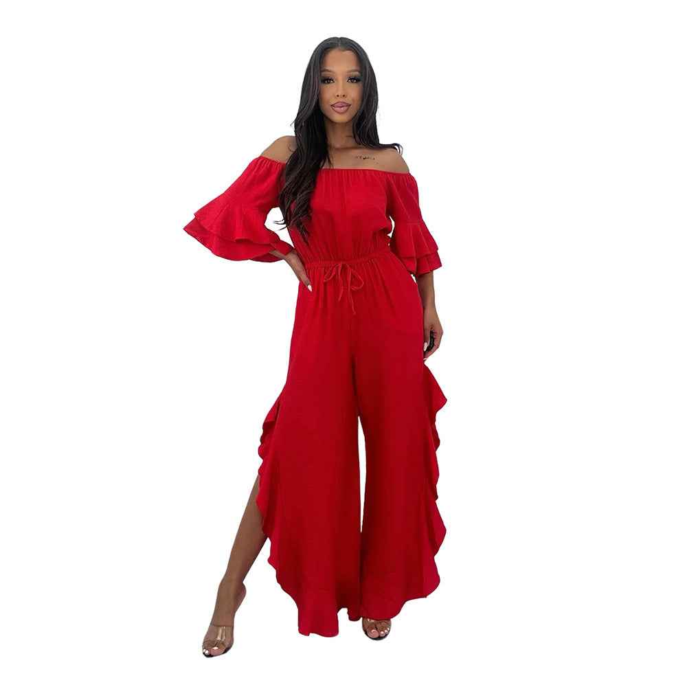 European And American Solid-color Off-shoulder Jumpsuit With A Belt