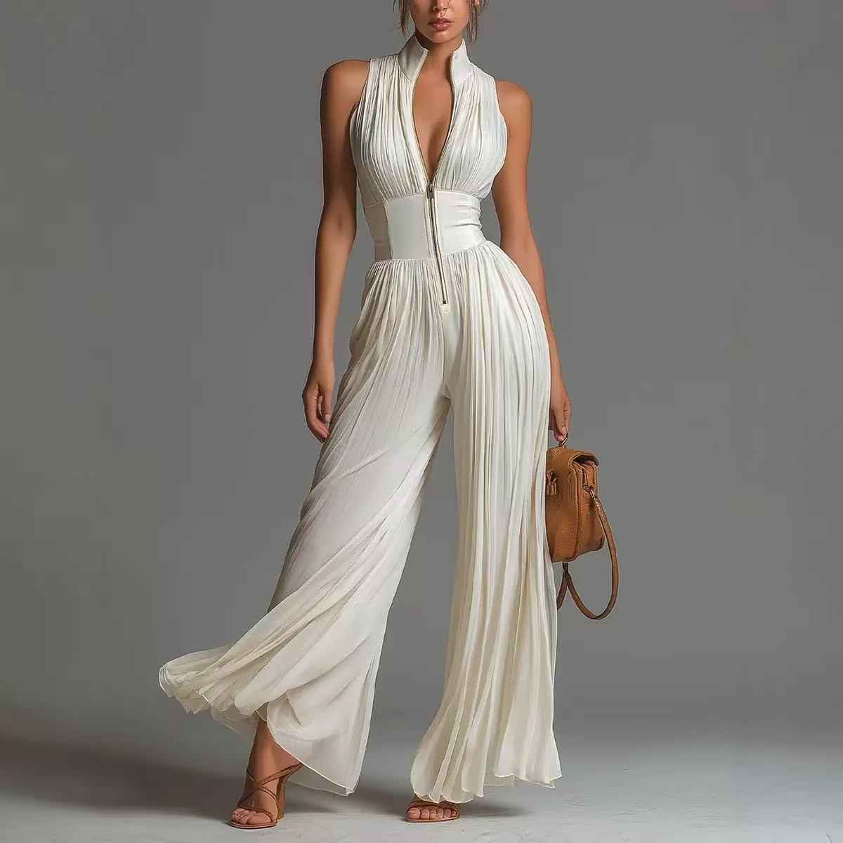 Womens Floral Print Chiffon Halterneck Pleated Jumpsuit With Side Slit And Bodycon Fit