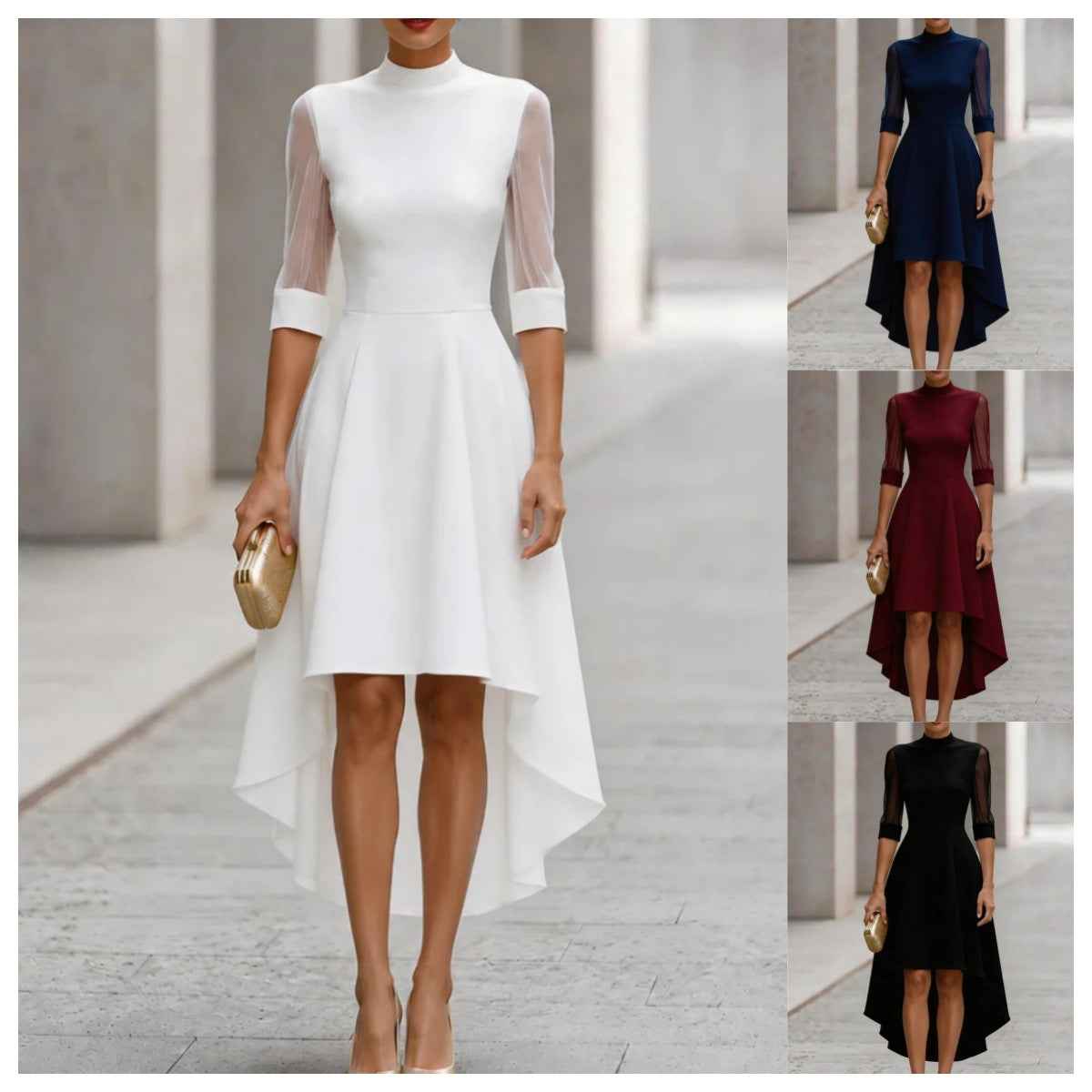Womens Casual Midi-Sleeve Mesh Dress