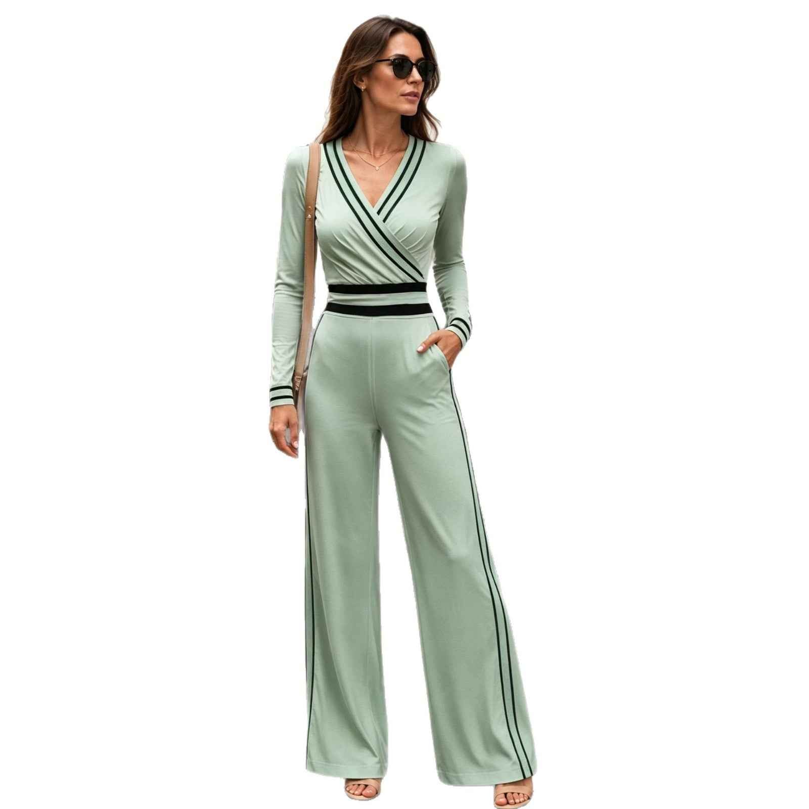 Womens High-waisted Twill Color-block Side-panel Jumpsuit
