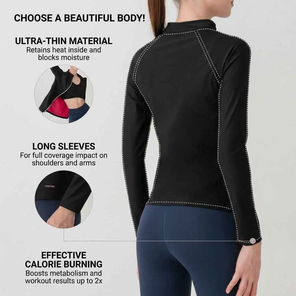 Sauna Jackets For Women Long Sleeves Sweat Suit Weight Loss Shirt Zipper Workout Gym Exercise Body Shaper