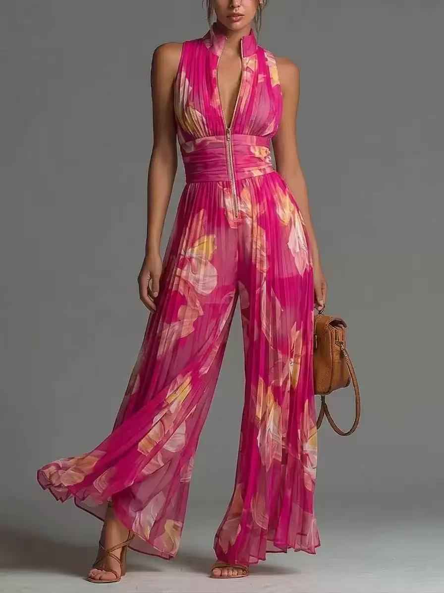 Womens Floral Print Chiffon Halterneck Pleated Jumpsuit With Side Slit And Bodycon Fit