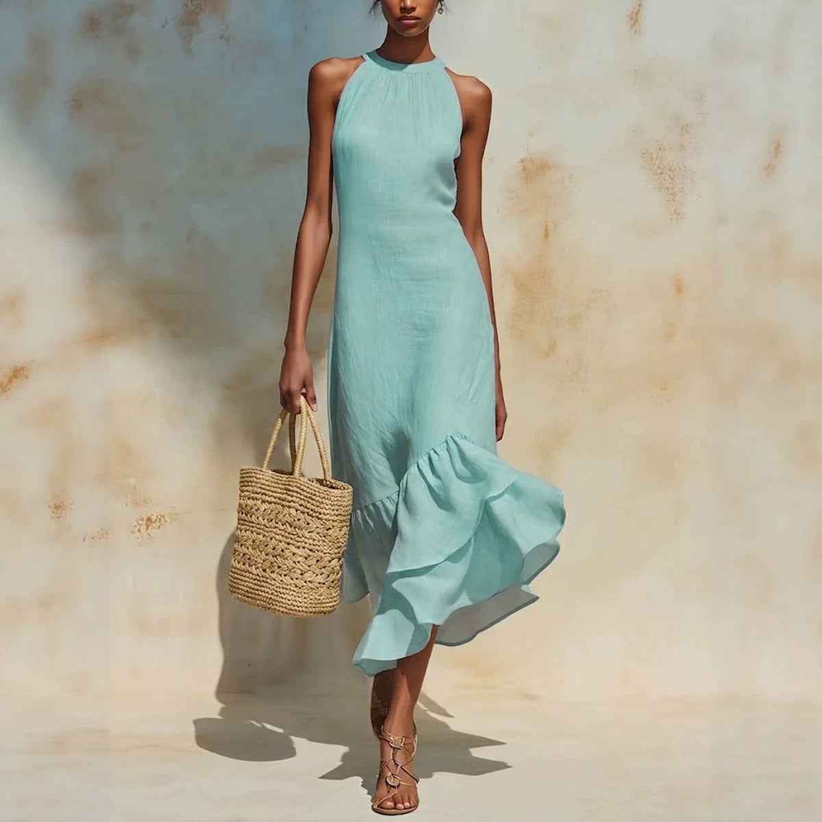 Irregular Ruffled Fishtail Hem Sleeveless Dress