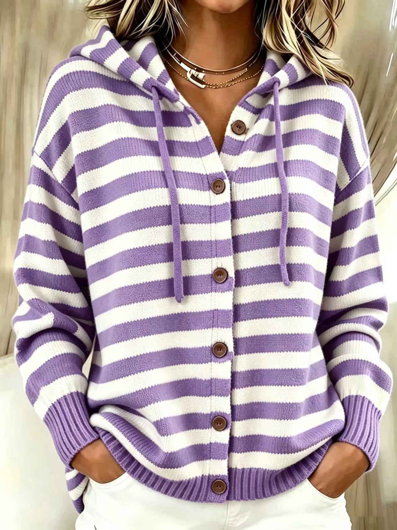 Striped Single-breasted Hooded Womens Casualwear For Comfort
