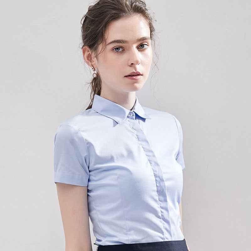 Summer Short Sleeve Women's Shirt, Wrinkle-Free Solid Color Professional Blouse, Elegant Work Commute Top With Embroidered
