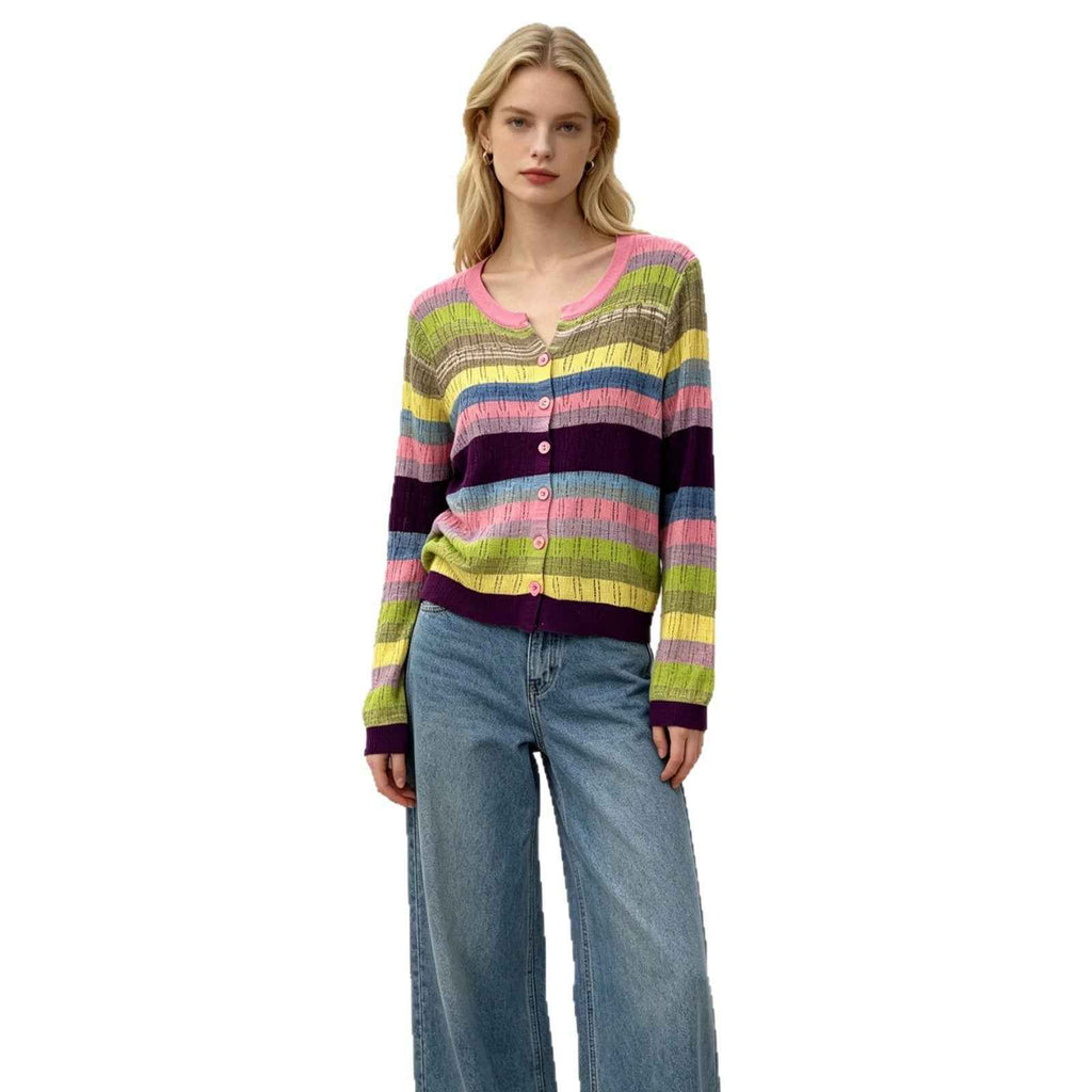 Womens Hollow-Out Color-Block Striped V-Neck Knitted Cardigan Top