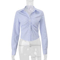Womens Elegant Polo-collar Buttoned Cardigan Striped Long-sleeve Blouse Top