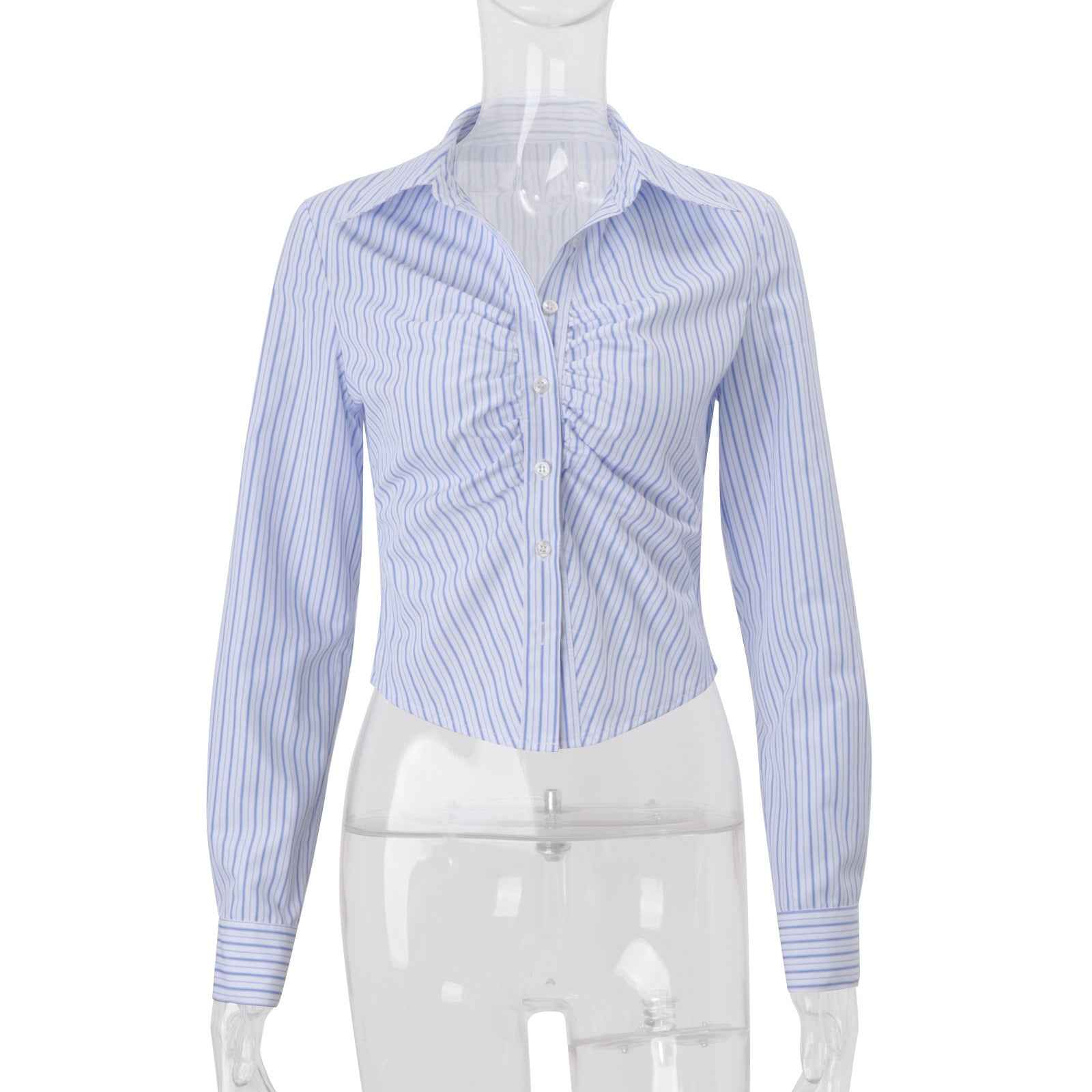 Womens Elegant Polo-collar Buttoned Cardigan Striped Long-sleeve Blouse Top