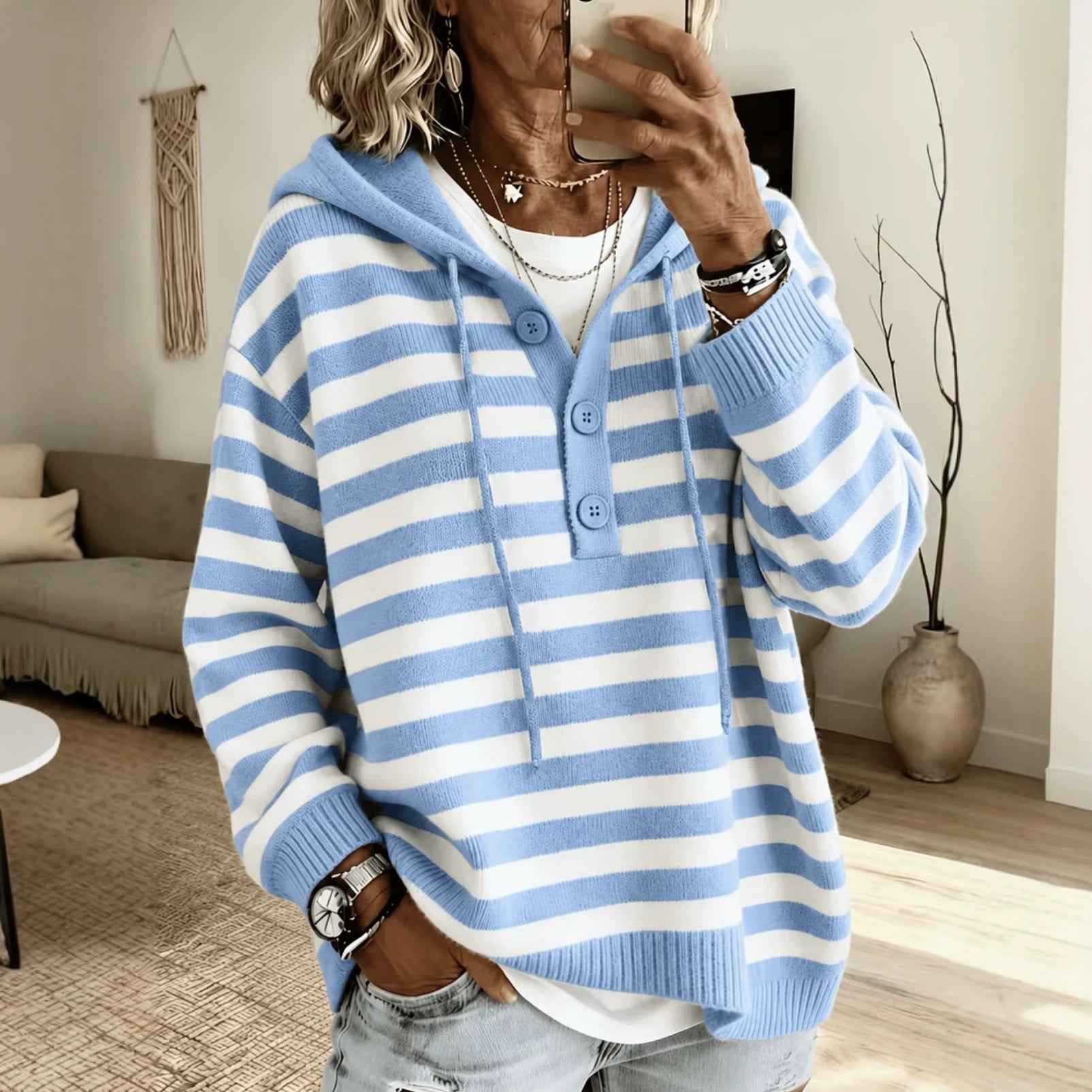 European And American-style Hooded Striped Pullover Knit Sweater
