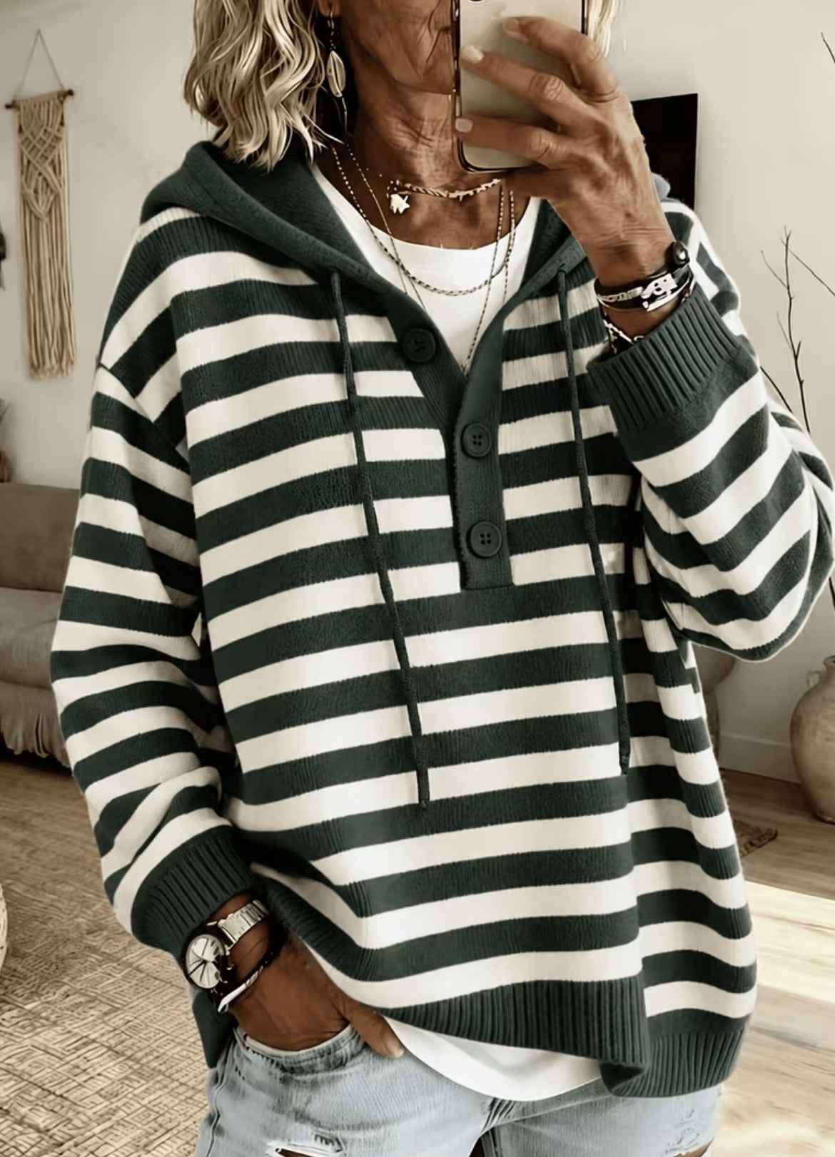 European And American-style Hooded Striped Pullover Knit Sweater