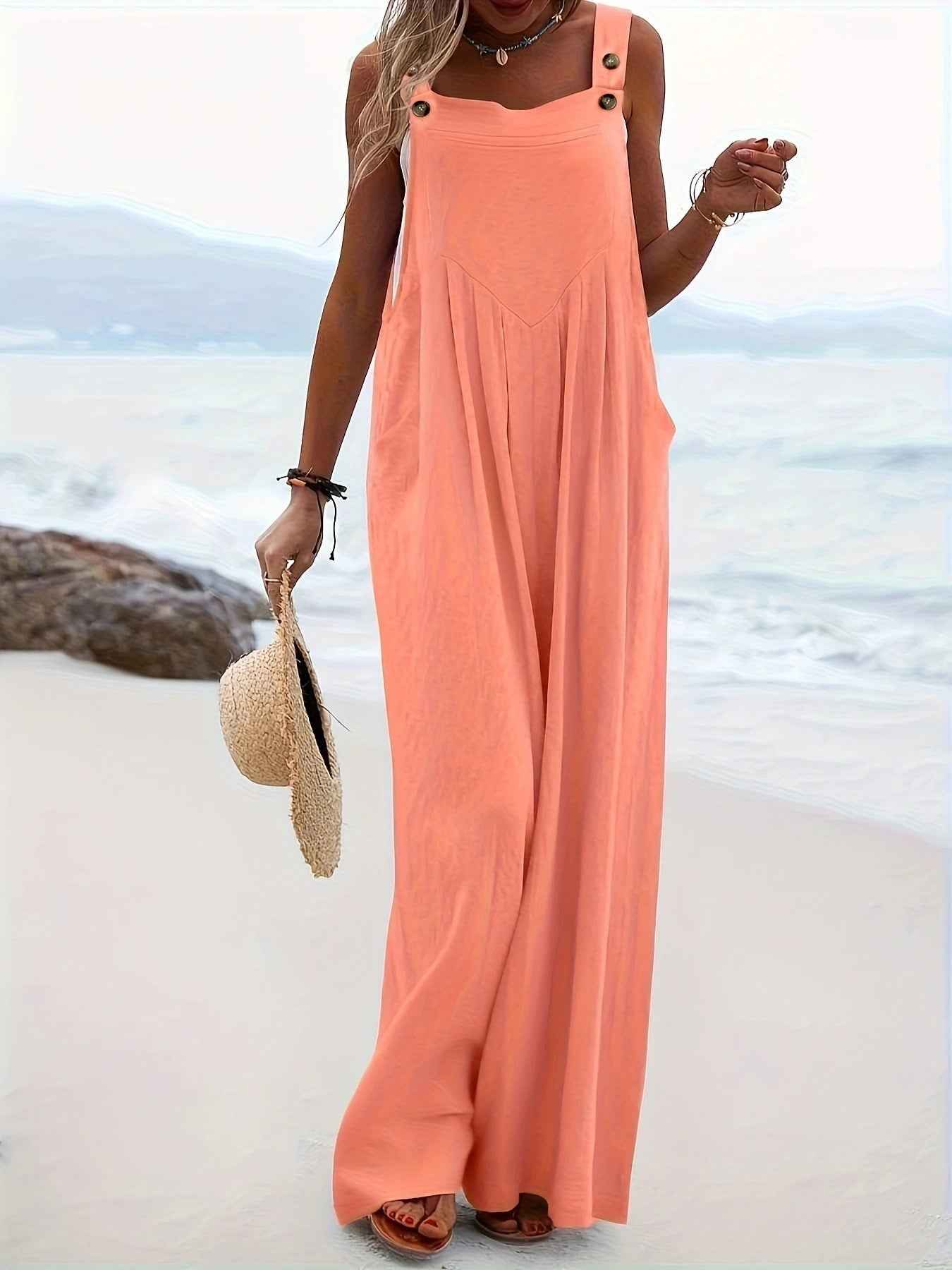 2026 New European American Women's Wide Leg Overalls Adjustable Button Straps Sleeveless Loose Casual Jumpsuit With Pockets