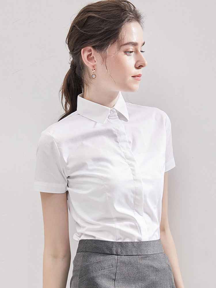 Summer Short Sleeve Women's Shirt, Wrinkle-Free Solid Color Professional Blouse, Elegant Work Commute Top With Embroidered