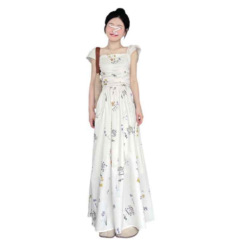 Sweet-girl Puff-sleeve Floral-print Square-neck Dress