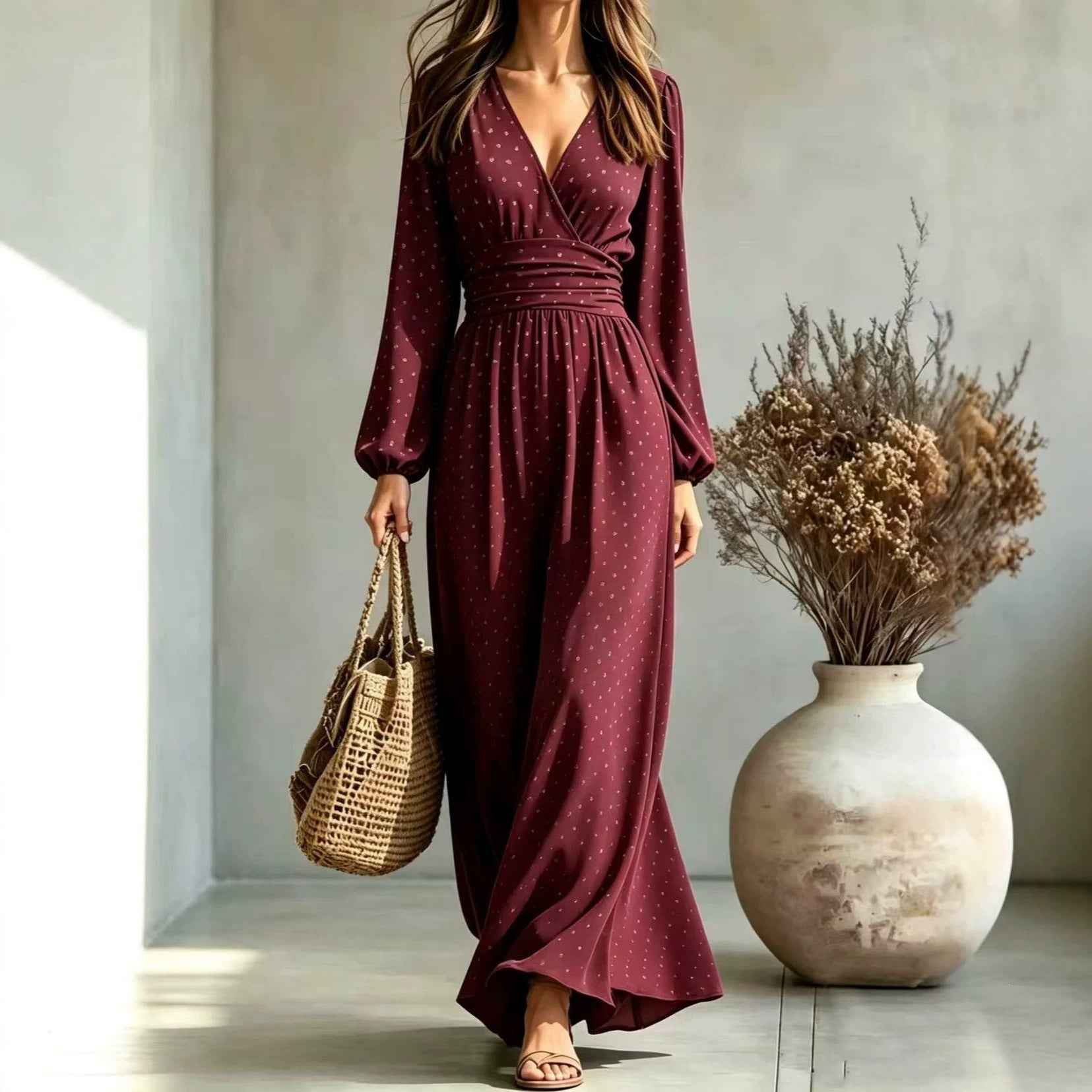 New V-neck Lantern-sleeve Printed Long-sleeved Waist-defined Elegant Slimming Dress