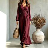 New V-neck Lantern-sleeve Printed Long-sleeved Waist-defined Elegant Slimming Dress