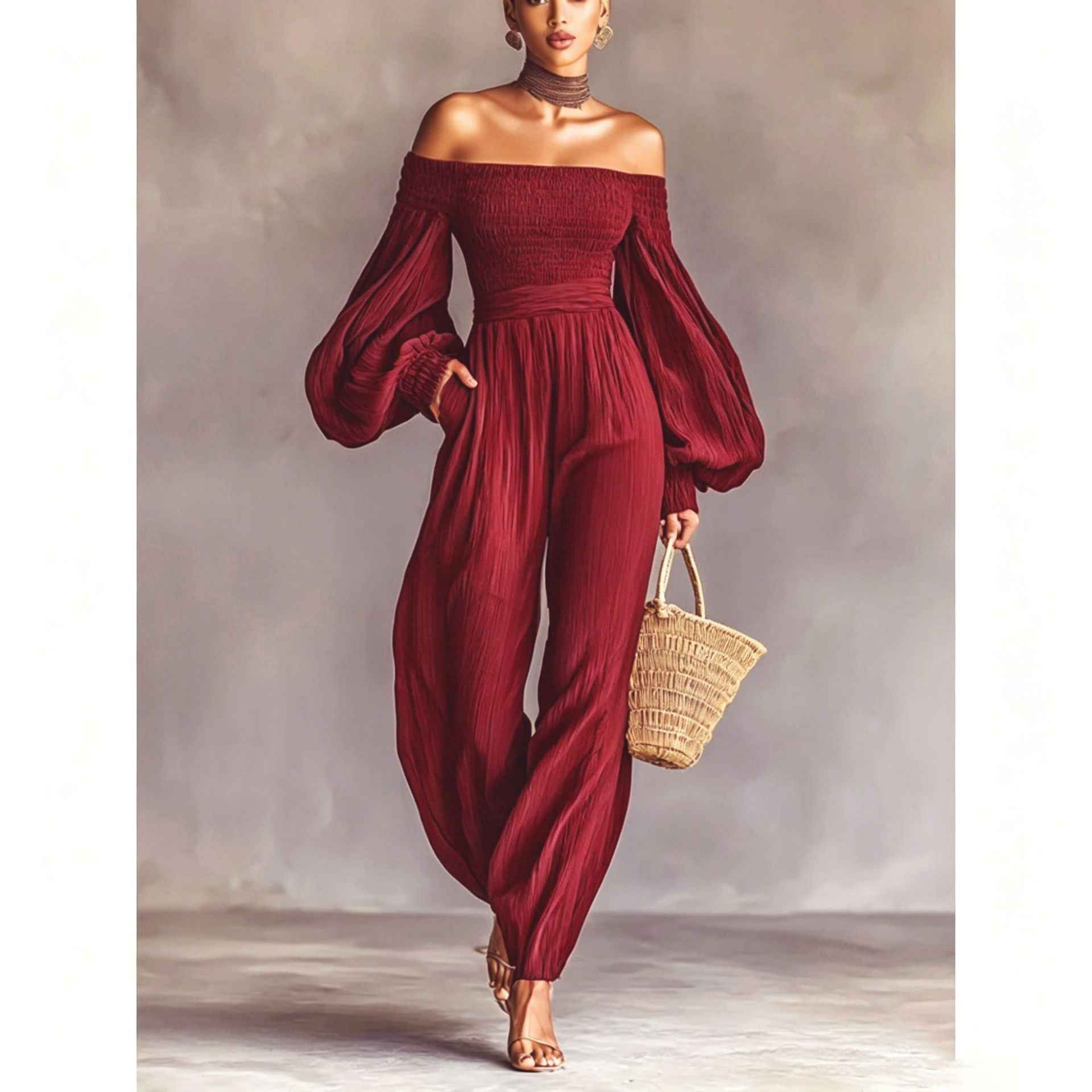 Womens Off-shoulder Long-sleeve Pleated Fabric Patchwork Solid-color Jumpsuit
