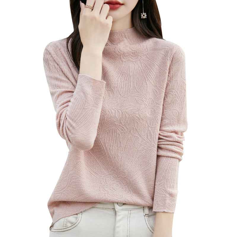 Fine-woven Wool Mock-neck Long-sleeve Knit Shirt