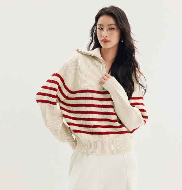 Women's Heavyweight Navy Striped Sweater