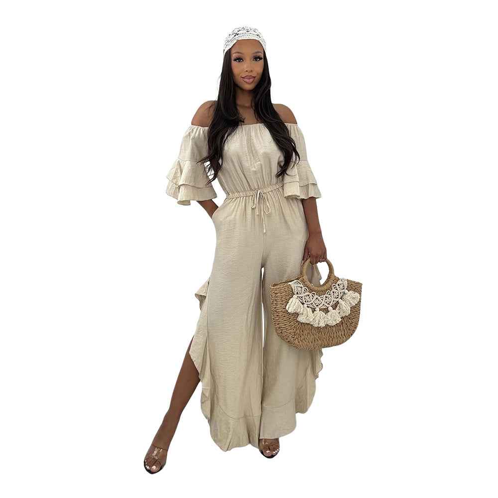 European And American Solid-color Off-shoulder Jumpsuit With A Belt