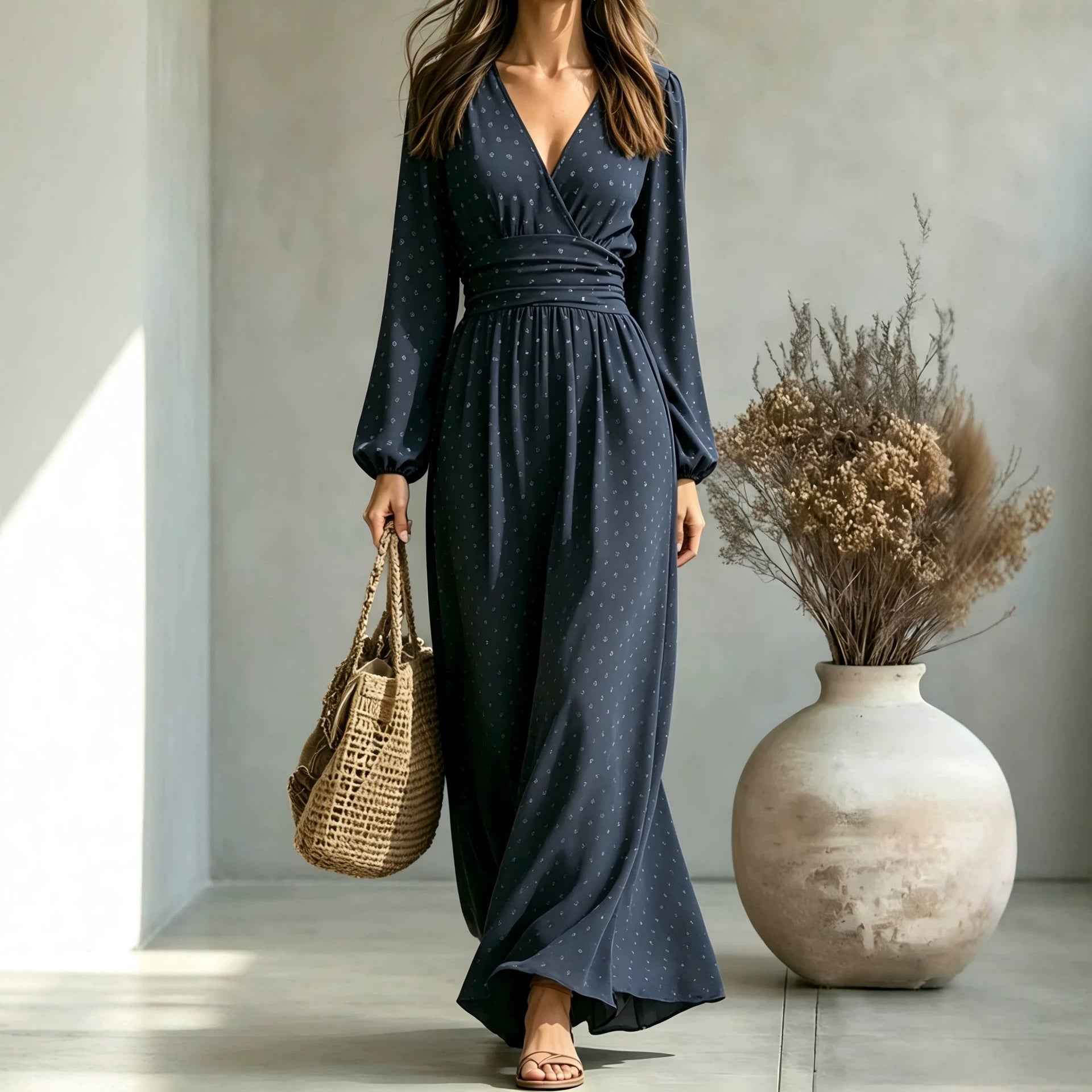 New V-neck Lantern-sleeve Printed Long-sleeved Waist-defined Elegant Slimming Dress