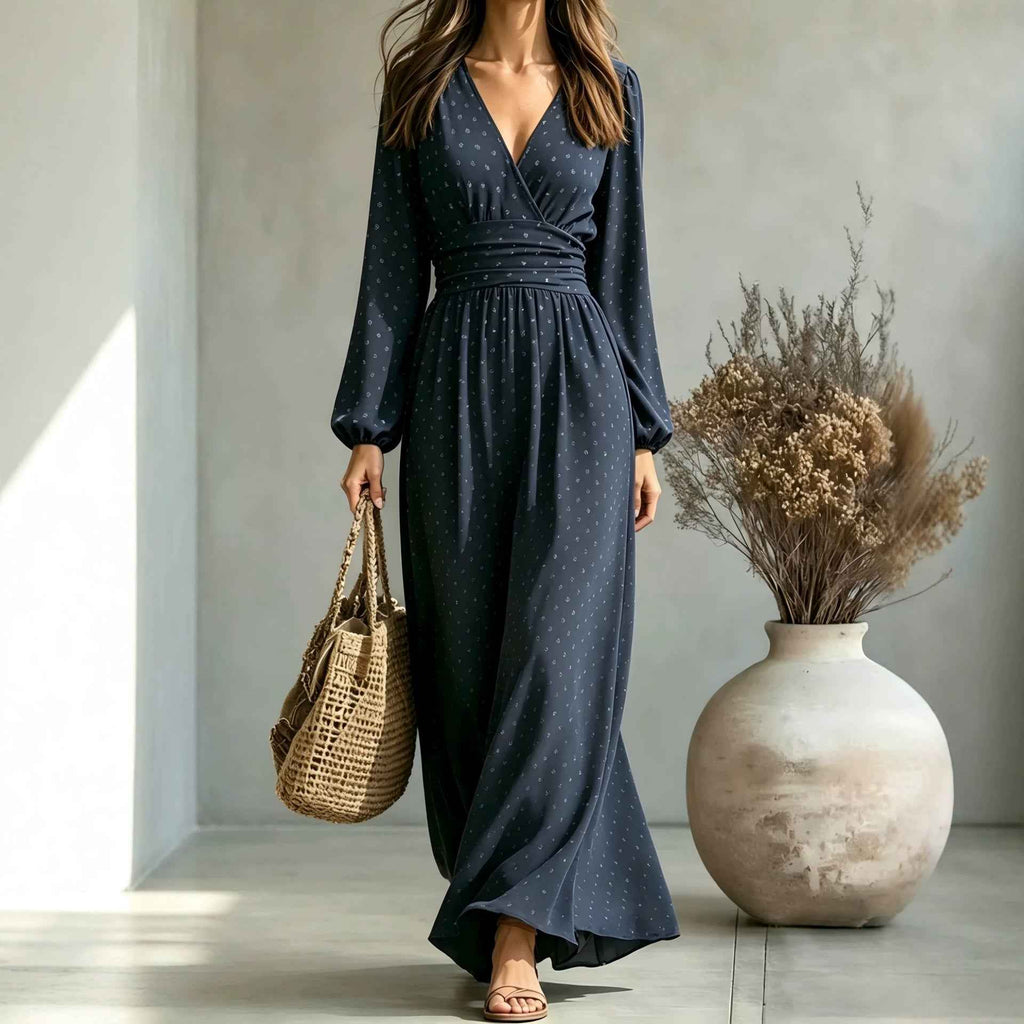 New V-neck Lantern-sleeve Printed Long-sleeved Waist-defined Elegant Slimming Dress