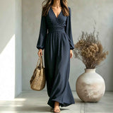 New V-neck Lantern-sleeve Printed Long-sleeved Waist-defined Elegant Slimming Dress