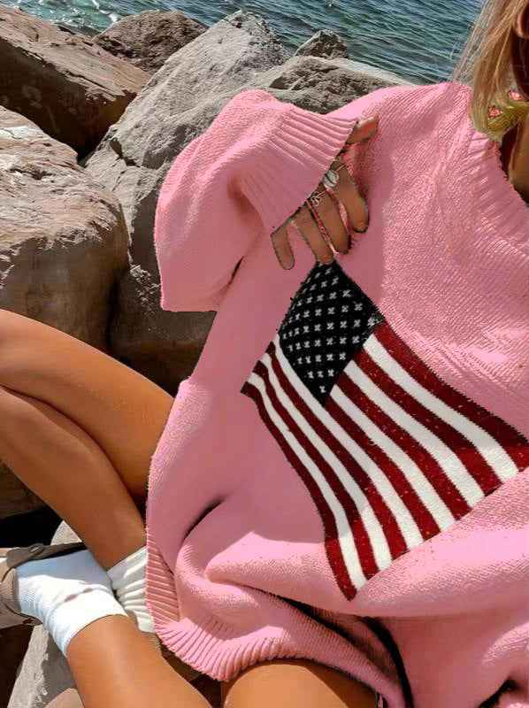 Womens Retro Loose Crew-Neck Pullover Sweater