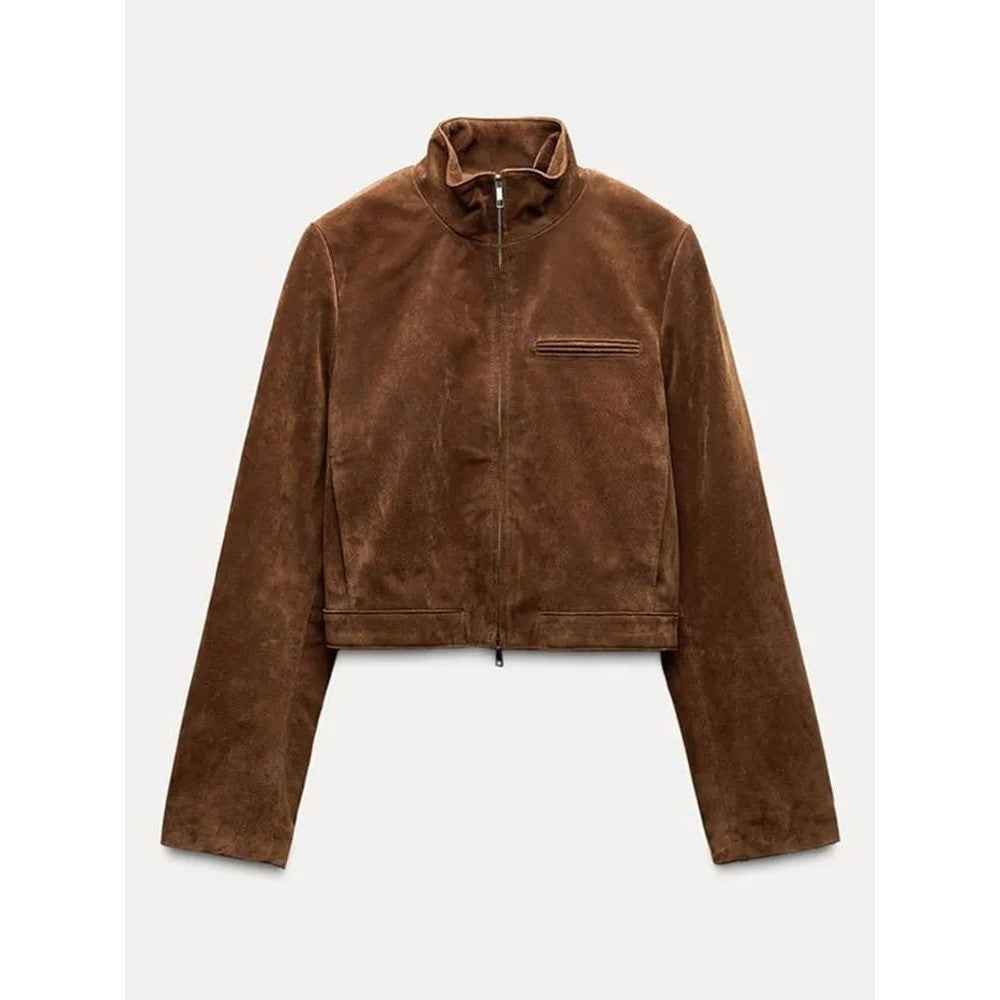 Spring Short Suede Jackets Women Brown Stand Collar Zip