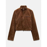 Spring Short Suede Jackets Women Brown Stand Collar Zip