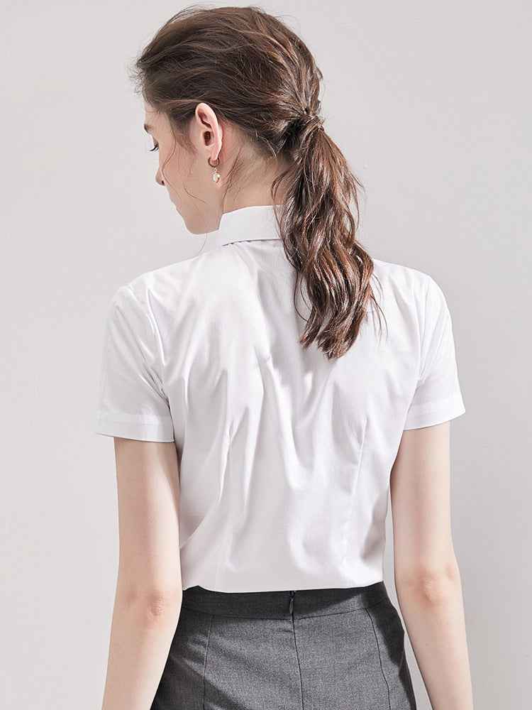 Summer Short Sleeve Women's Shirt, Wrinkle-Free Solid Color Professional Blouse, Elegant Work Commute Top With Embroidered