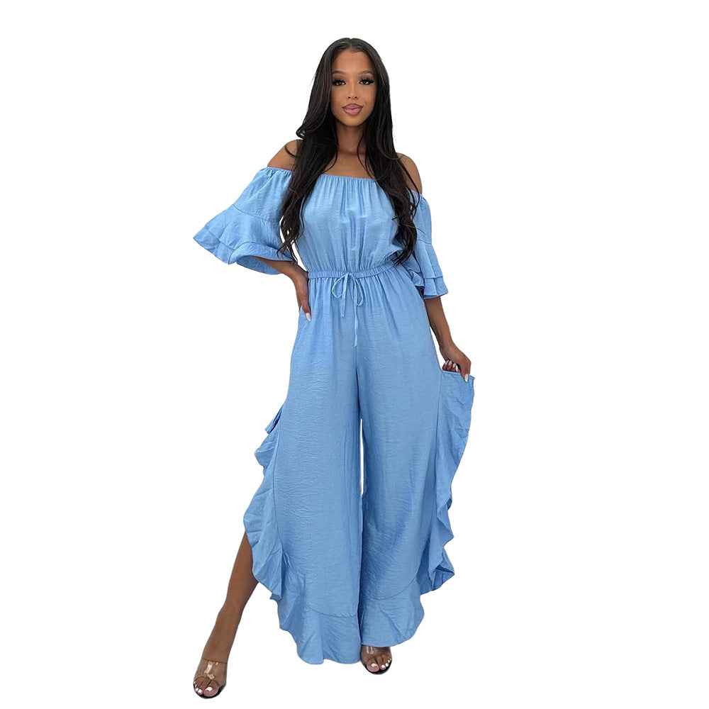 European And American Solid-color Off-shoulder Jumpsuit With A Belt