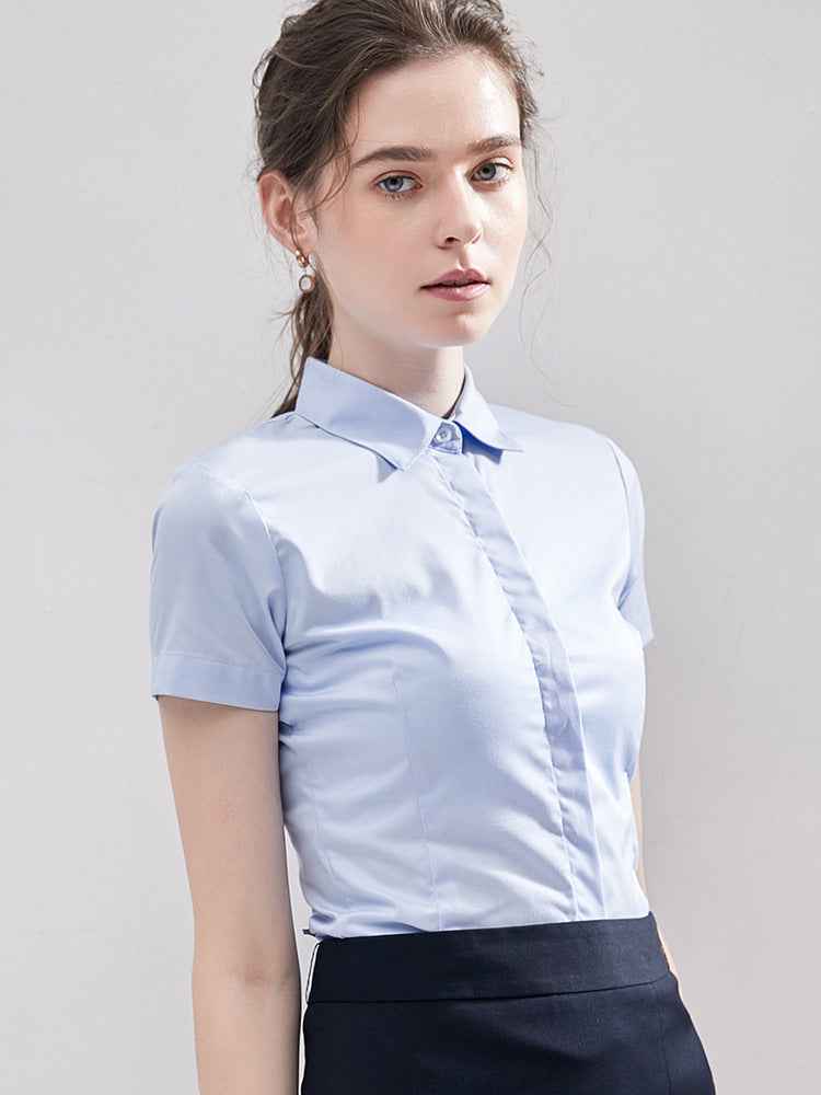 Summer Short Sleeve Women's Shirt, Wrinkle-Free Solid Color Professional Blouse, Elegant Work Commute Top With Embroidered