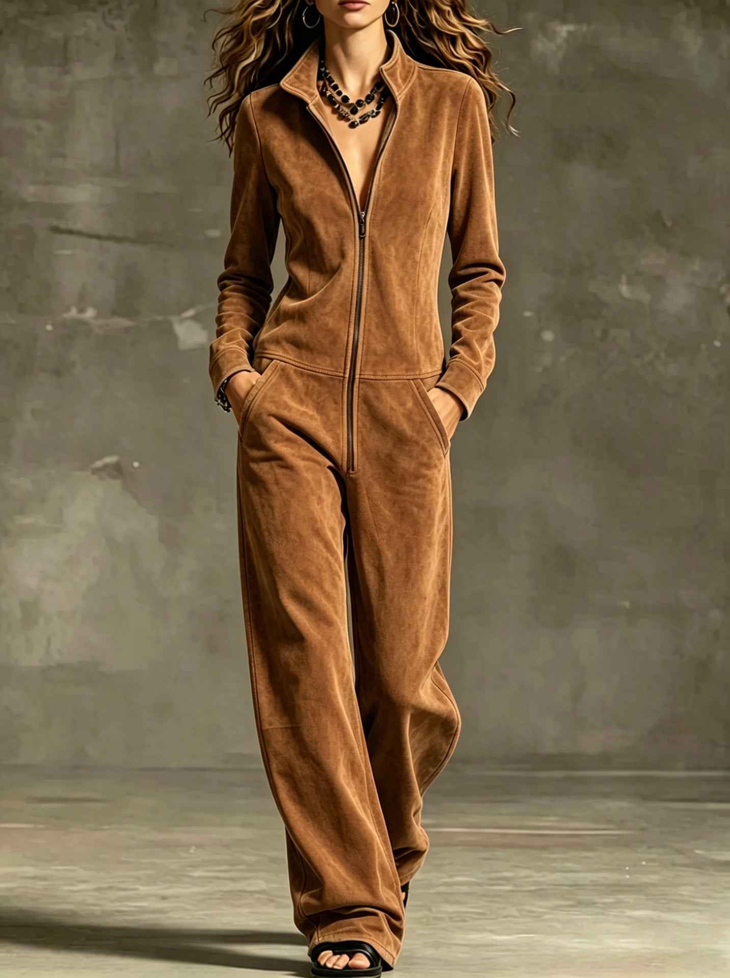 Womens Wide-leg Jumpsuit With Zip Pockets