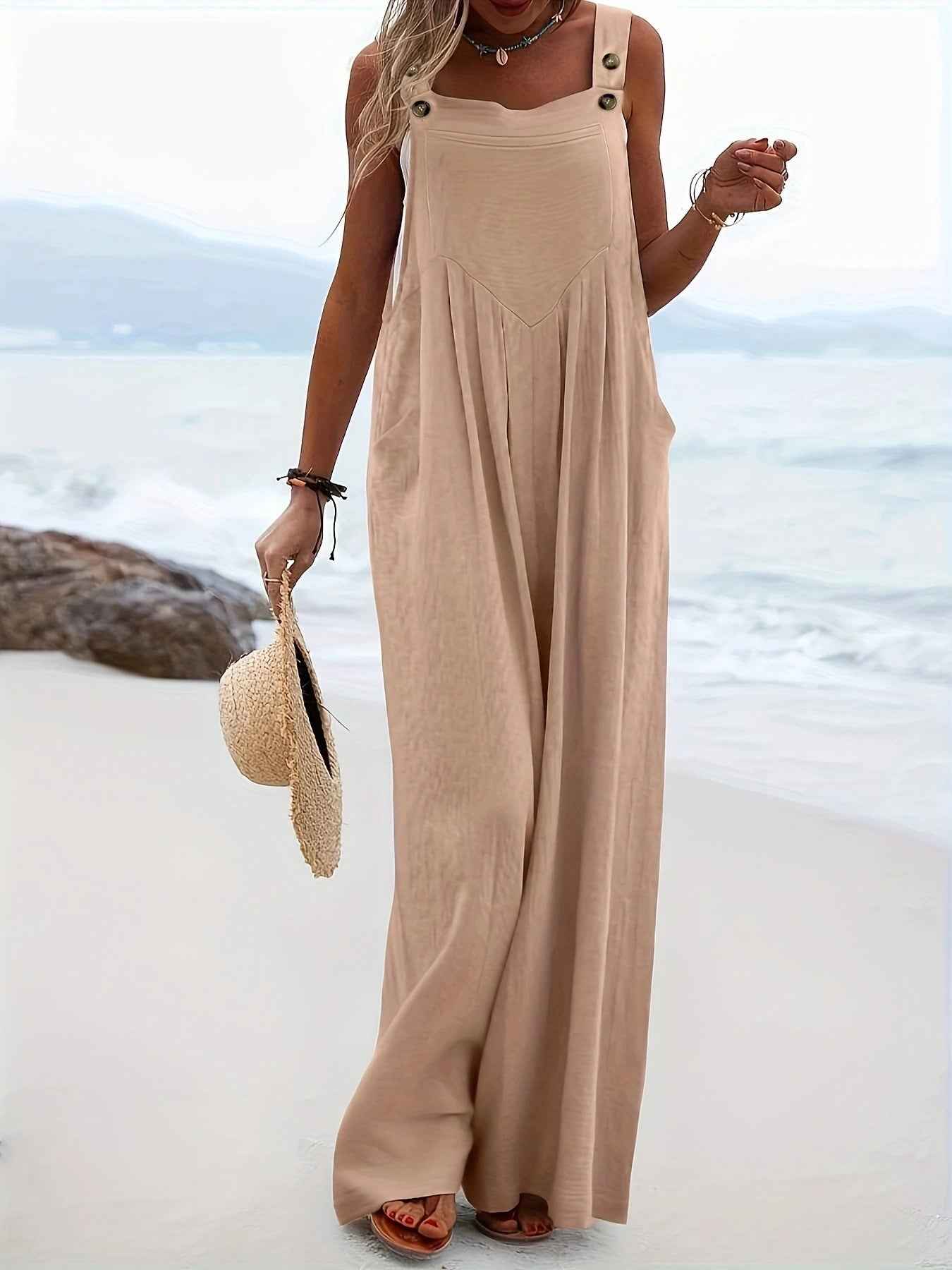 2026 New European American Women's Wide Leg Overalls Adjustable Button Straps Sleeveless Loose Casual Jumpsuit With Pockets