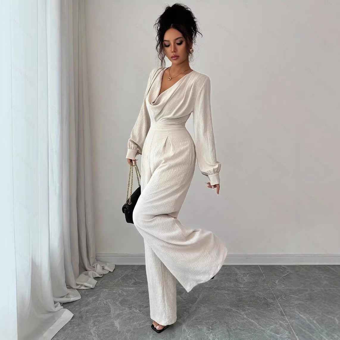 Womens Solid-Color Elegant Off-the-Shoulder Long-Sleeve Jumpsuit For The Office