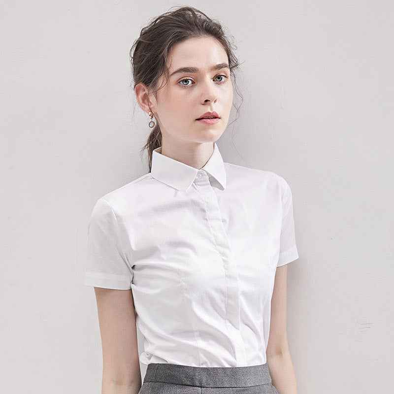 Summer Short Sleeve Women's Shirt, Wrinkle-Free Solid Color Professional Blouse, Elegant Work Commute Top With Embroidered