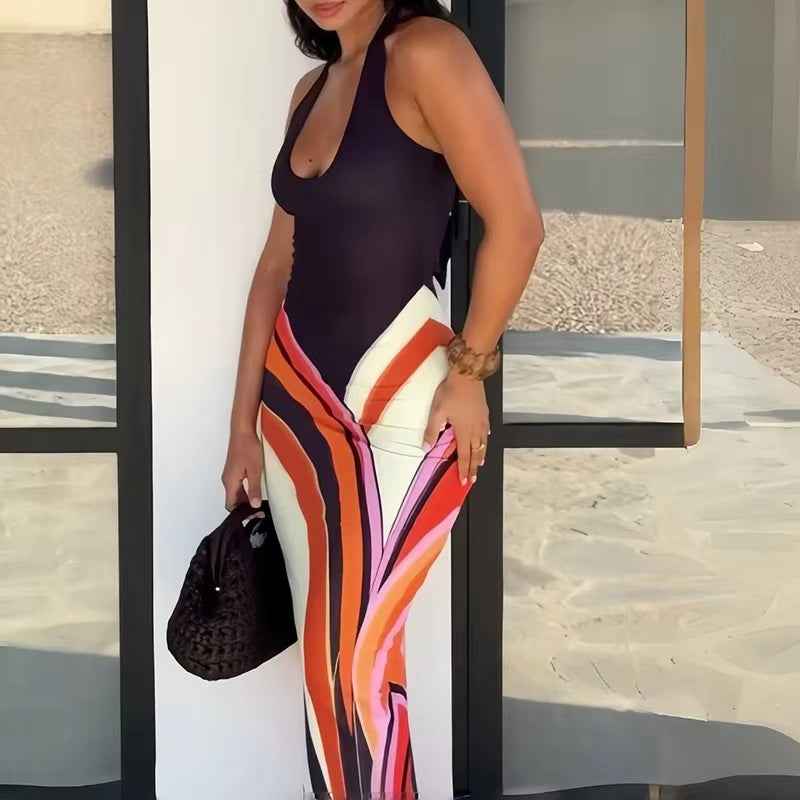 European And American-style Halter Multicolor Long Dress Sexy And Figure-hugging