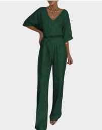 Solid-color V-neck Casual Mid-length Sleeve Dress With Belt