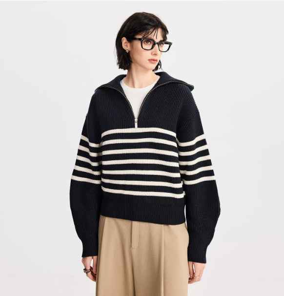 Women's Heavyweight Navy Striped Sweater