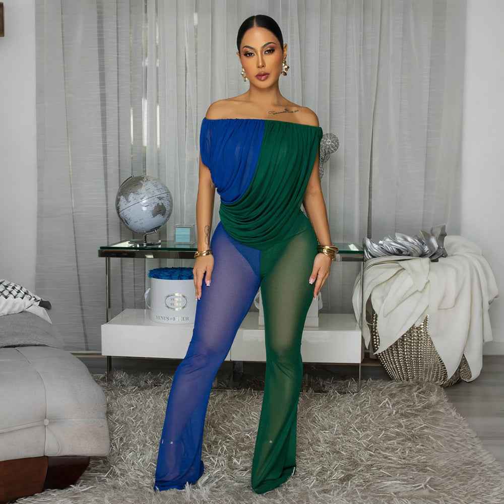 Fashionable Off-Shoulder Mesh Colorblock Jumpsuit For Women