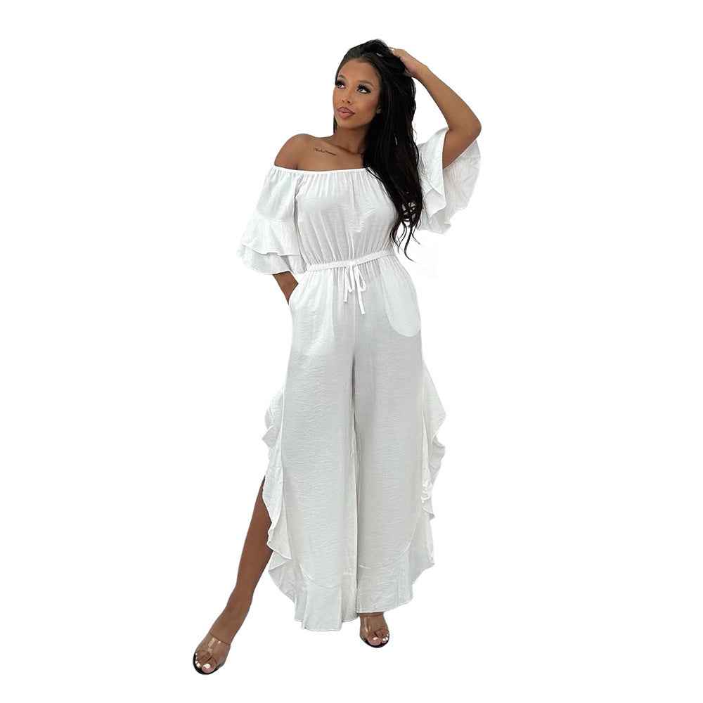 European And American Solid-color Off-shoulder Jumpsuit With A Belt