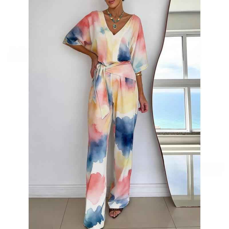 Solid-color V-neck Casual Mid-length Sleeve Dress With Belt