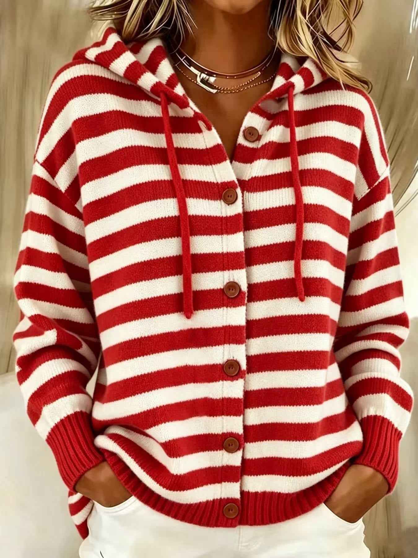 Striped Single-breasted Hooded Womens Casualwear For Comfort